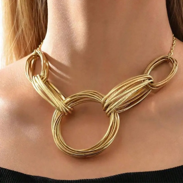 Gold Plated Circle Coil Chain Links Oversize Statement Necklace